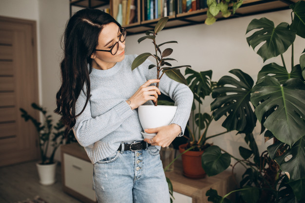 Mulher segurando um vazo de planta. Ao fundo várias plantas como parte da decoração